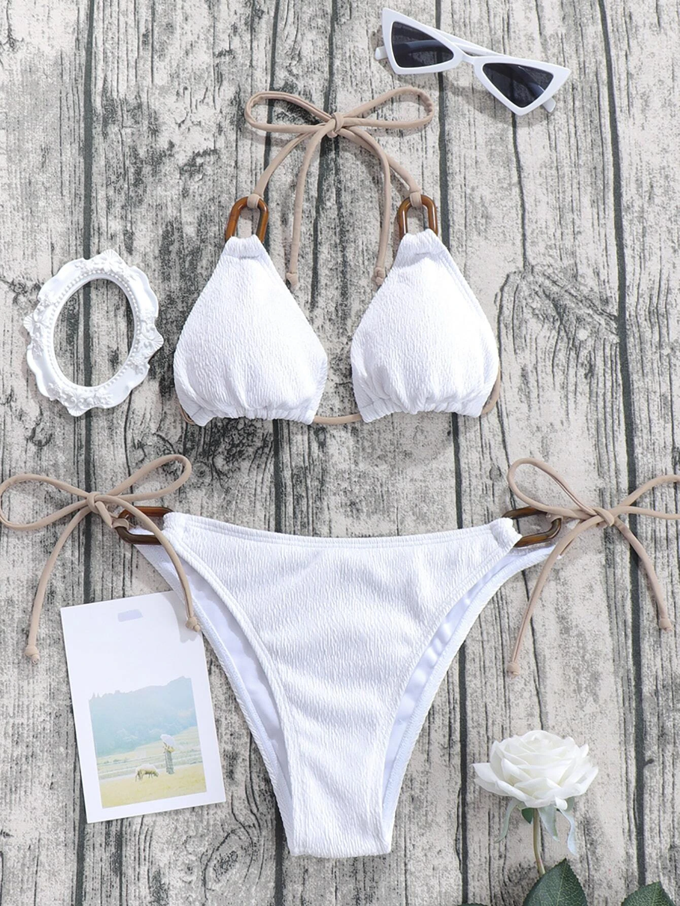 Shein white string two piece swimsuit with wood decal 