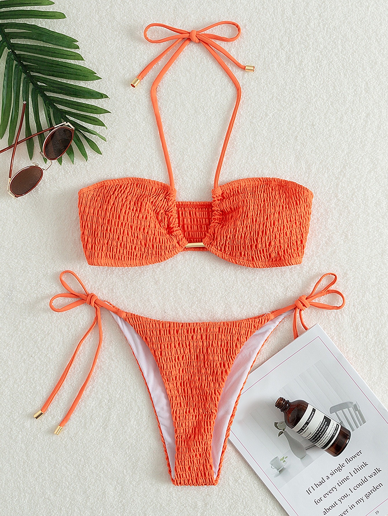 Orange smocked 2 piece bathing suite by Shein 